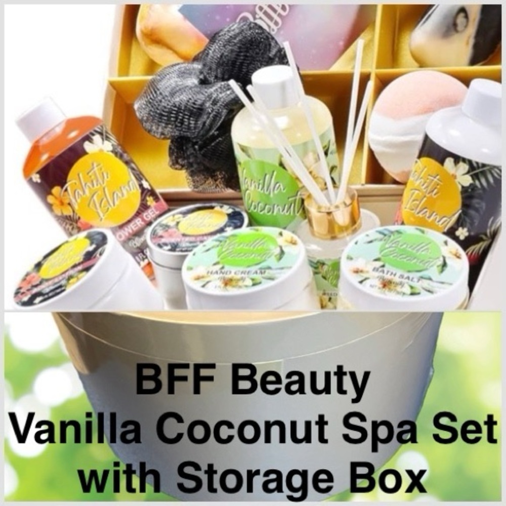 BFF BEAUTY Vanilla-Coconut 10 Pc Pampering Self Care Spa Gift Set w Storage Box.